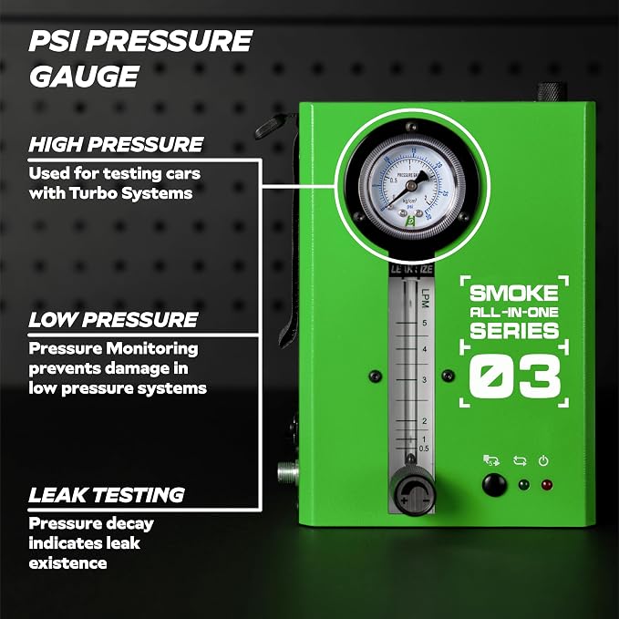 Automotive Smoke Machine Leak Tester for EVAP w/Built-in Air Motor and Pressure Gauge - Model 03 - Exhaust Smoke Detector Tools Kit - Car Smoke Machine w/Flow Meter and Best Ranked Smoke Fluid, Green