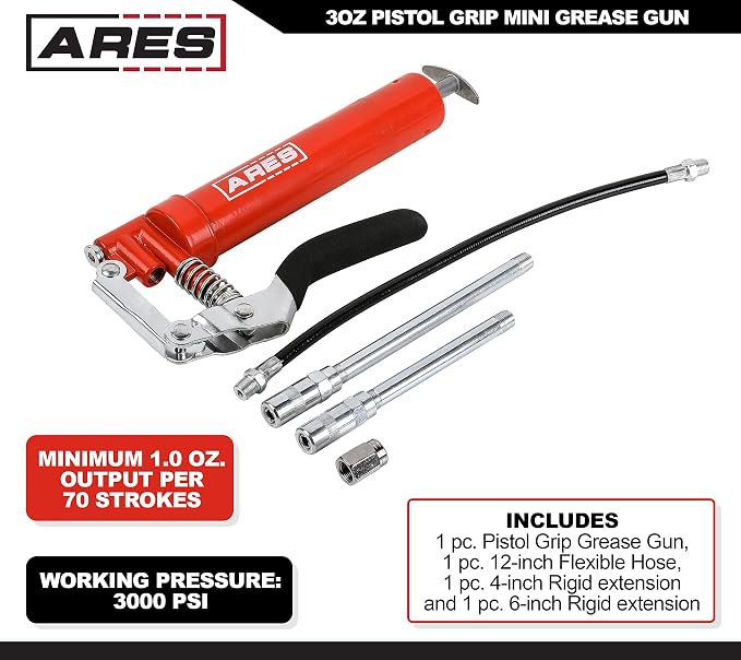 ARES 53011 – 3oz Pistol Grip Mini Grease Gun – Includes 12-Inch Flex Hose and 4-Inch and 6-Inch Straight Extensions – 3000 PSI Working Pressure Rating
