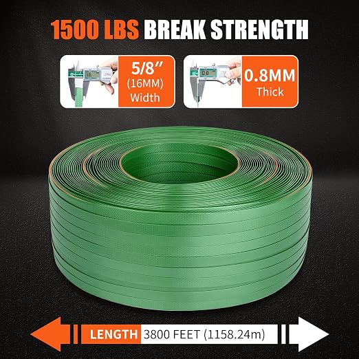 5/8"x3800' Heavy Duty PET Strapping Banding Roll, Packaging Strapping Banding Roll, 1500 lbs Break Strength, Polyester Banding Strapping Coil, Polyester Strapping Roll with SelfDispensing Box