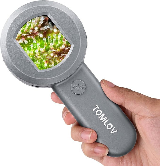 TOMLOV P10 Microscope for Adults Kids, Portable 100X Illuminated Jewelers Loupe, Handheld Coin Magnifier with Light for Collectors, Pocket Trichome Magnifying Glass, Digital Microscope with 2" Screen
