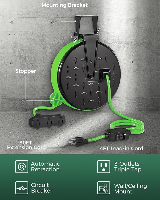 18W LED Work Light and 30 Ft Retractable Extension Cord Reel Bundle, for Garage, Workshop, Car Repair Scene, ETL Listed Y04WL06-J30CR06
