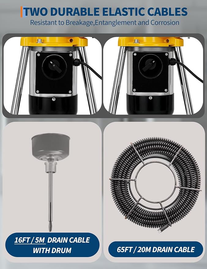 Portable Drain Cleaner Machine, Electric Sewer Snake Drain Auger with 66FT x 5/8" & 16FT x 3/8" Steel Cables and 7 Cutters, 500w Power Drain Cleaner Machine Auto Feed Pipe Snake for 3/4" to 4" Pipes