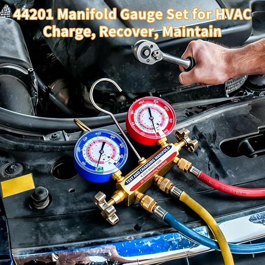 42201 Manifold Gauge Set, 3-1/8" (80mm) Anti Vibration Gauges, 60" Y/R/B Hoses with Compact Ball Valves, 1/4" Fittings, 2 Valve, 6 Dust Plugs, for HVAC Test and Charging of R-22, R-404A, R-410A