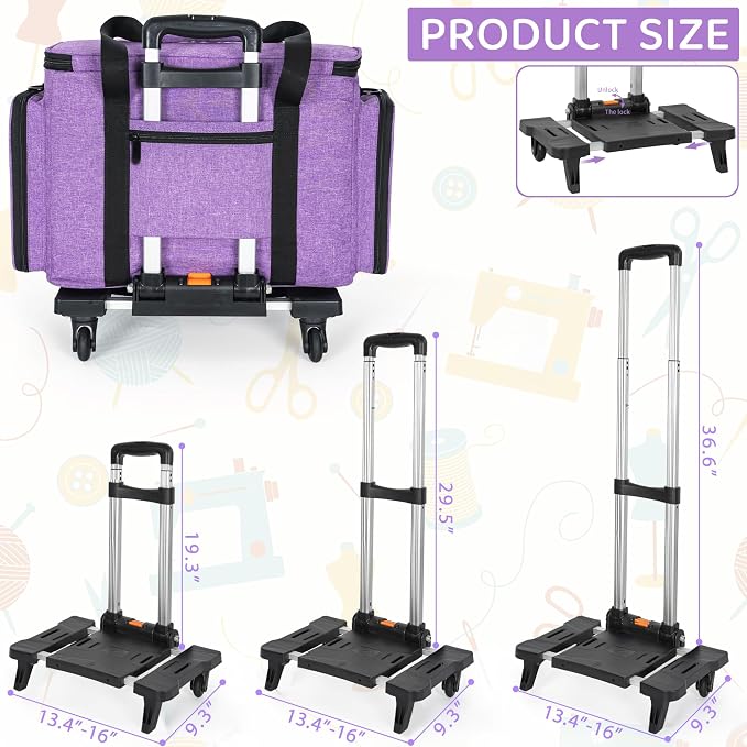 Sewing Machine Case with Wheels, Universal Rolling Trolley Tote with Shoulder Strap & Multiple Storage Pockets Compatible with Most Standard Singer, Brother, Janome,Purple