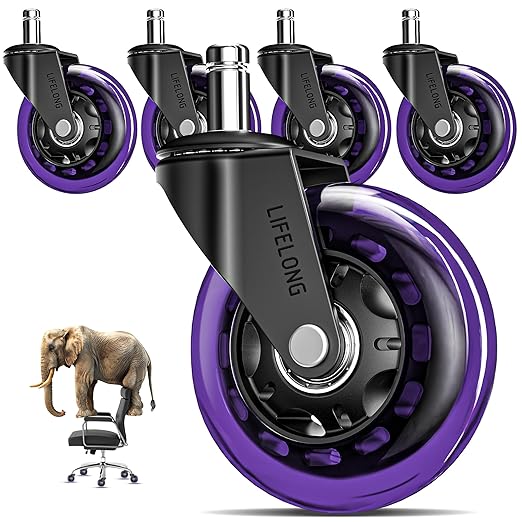Lifelong Original Office Chair Wheels (As Seen On CNN) Replacement Rubber Chair Casters for Hardwood Floors & Carpet, Set of 5, Heavy Duty Casters for Chairs to Replace - Fits 98% (Purple)