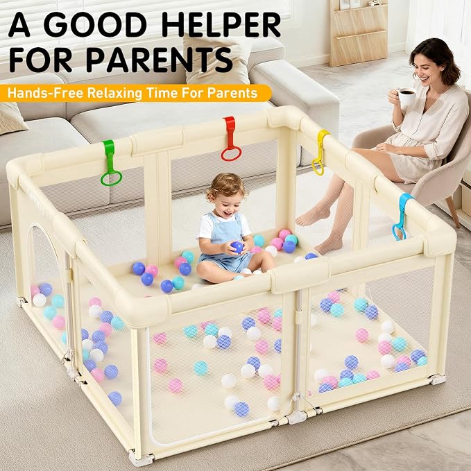 Baby Playpen Foldable Playpen for Babies and Toddlers, Large Playpens Portable Play Pen Play Yard for Kids Fence Indoor Outdoor Travel 4 Handlers 50 Balls Baby Gifts Essentials 50"X50" Beige