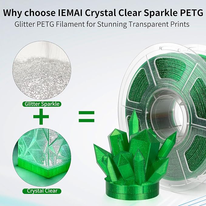 IEMAI Glitter Clear PETG Filament 1.75mm Green 1KG, Sparkly Transparent Finish 3D Printer Filament Easy to Print for Lampshades, Home Decor & DIY Models