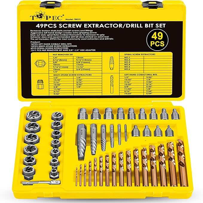 Topec 49pcs Screw Extractor/Drill Bit Set, Professional Remove Set for Removing Broken Studs, Bolts, Socket Screws and Fittings