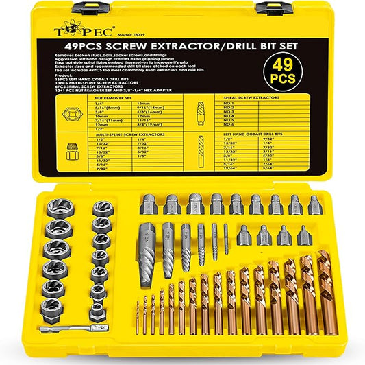 Topec 49pcs Screw Extractor/Drill Bit Set, Professional Remove Set for Removing Broken Studs, Bolts, Socket Screws and Fittings