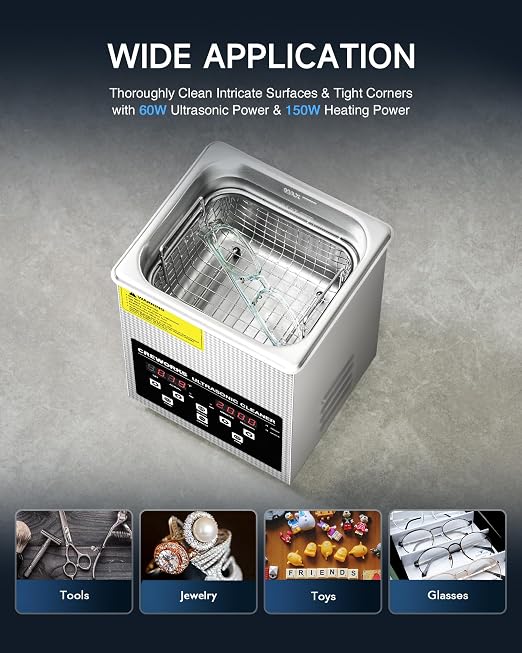 CREWORKS 2L Digital Ultrasonic Cleaner with Degas & Gentle Modes, 0.5 gal. Ultrasonic Cleaning Machine with 150W Heater & 1-30 min. Timer, 60W Professional Ultrasound Cleaner for Glasses Toys Tools