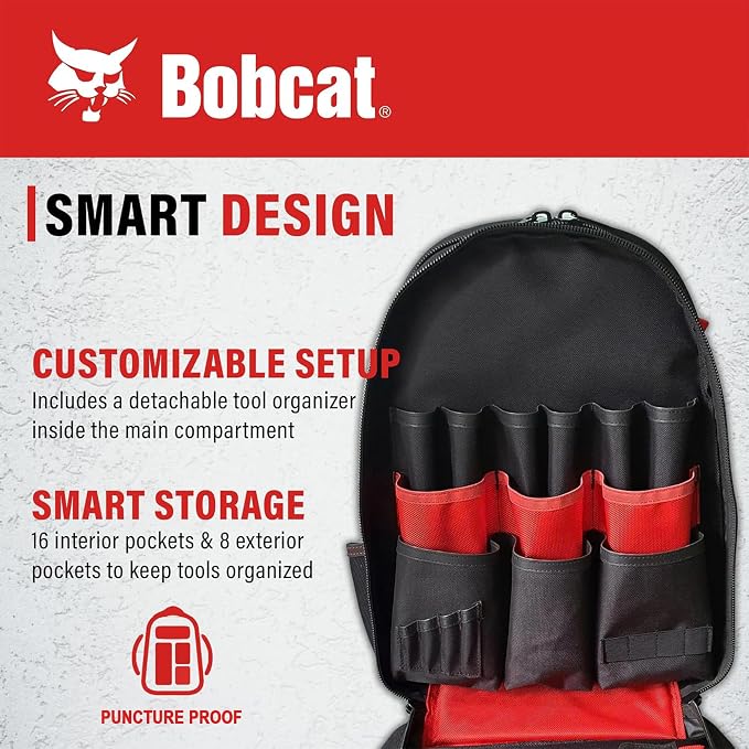 Bobcat Tool Organizer Backpack, EVA Hard Pocket, Large Capacity Storage for Electricians & Technicians, Heavy Duty Mobile Tool Bag (Black/Red Tool Backpack)