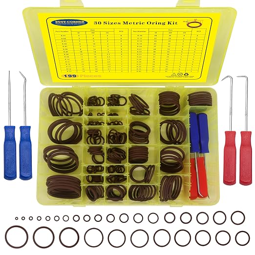 199PCS Viton O Ring Kits, 30 Metric Sizes FKM O Ring Kit, Fluorocarbon 75A, Chemical Resistant and Oil Resistance O-Rings for Various Chemicals, Hydraulic, Cylinders, Plumbing with 4PCS O-Ring Picks