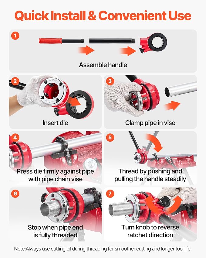 VEVOR Ratchet Pipe Threader Kit with 4 Dies, 1/2" NPT, 3/4" NPT, 1" NPT, 1-1/4" NPT Manual Ratcheting Pipe Threading Tool, Portable Pipes Threader Set with Toolbox for Plumbing Installation & Repair