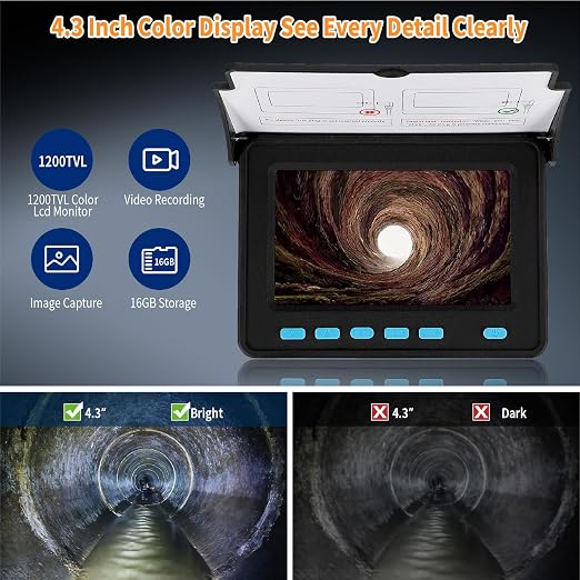 Pipe Drain Inspection Camera,4.3" Industrial Endoscope with DVR Function and LED Lights Waterproof IP68 Sewer Camera, Borescope for Home Drain Pipe Plumbing (164 ft/50m) (98.4ft/30m)