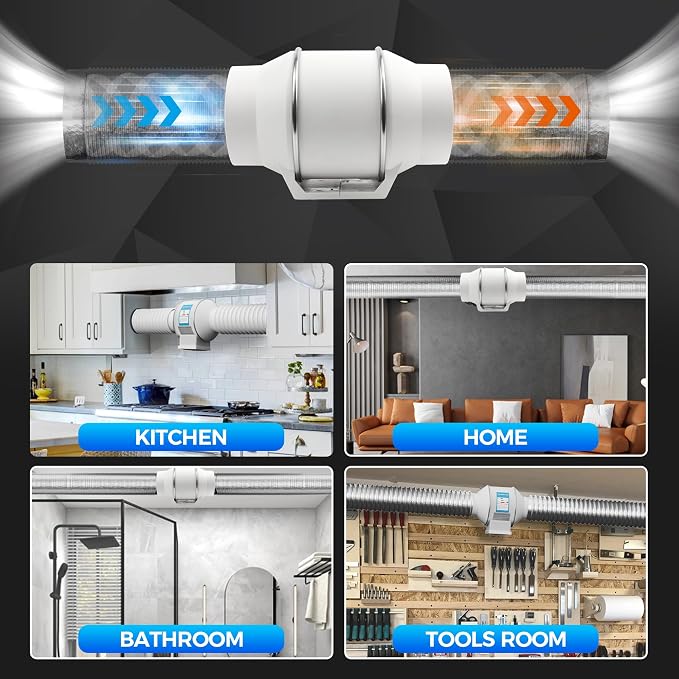 Voltset 6 Inch Duct Fan, Inline Ventilation Exhaust Fan, 390 CFM Duct Intake High Efficiency Air Fan for Vent Bathroom, Kitchen, Grow Tent, Hydroponics, 3D Printer