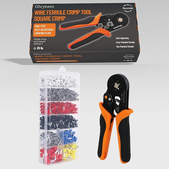 Ferrule Crimping Tool Kit, AWG 10-4 Self-adjustable Ratchet Wire Ferrule Crimper Plie, Black/Orange (With 1800pcs Wire Connectors)