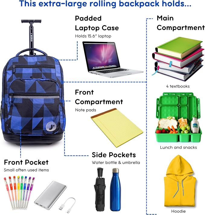 J World Sundance Laptop Rolling Backpack for Girls Boys. Roller Bookbag with Wheels, 20 Inch, Block Navy