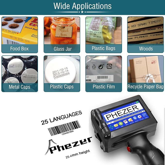 Phezer Handheld Inkjet Printer Gun P15U with Quick-Drying Ink Cartridge, 0.5inch/12.7mm Nozzle Portable Handheld Printer for Text/Barcode/Logo/QR/Counter/Number/Date (with JS62 Cartridge)