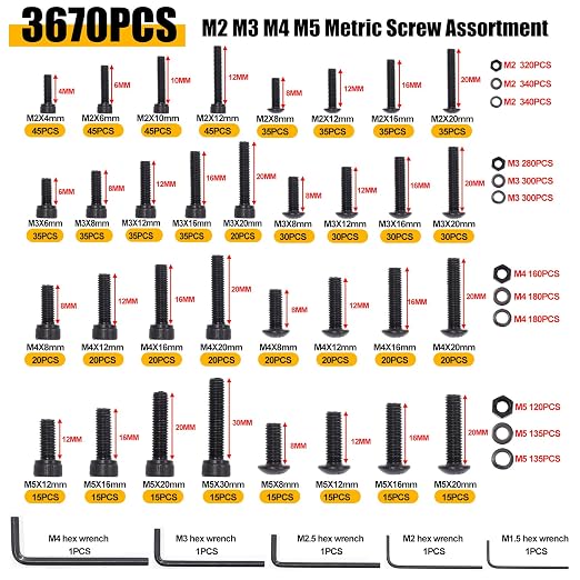 weideer 3670pcs M2 M3 M4 M5 Metric Screw Assortment Kit,Metric Bolt Assortment,12.9 Alloy Steel Hex Socket Head 10.9 Alloy Steel Hex Button Head Machine Screws Nuts Washers with Wrench