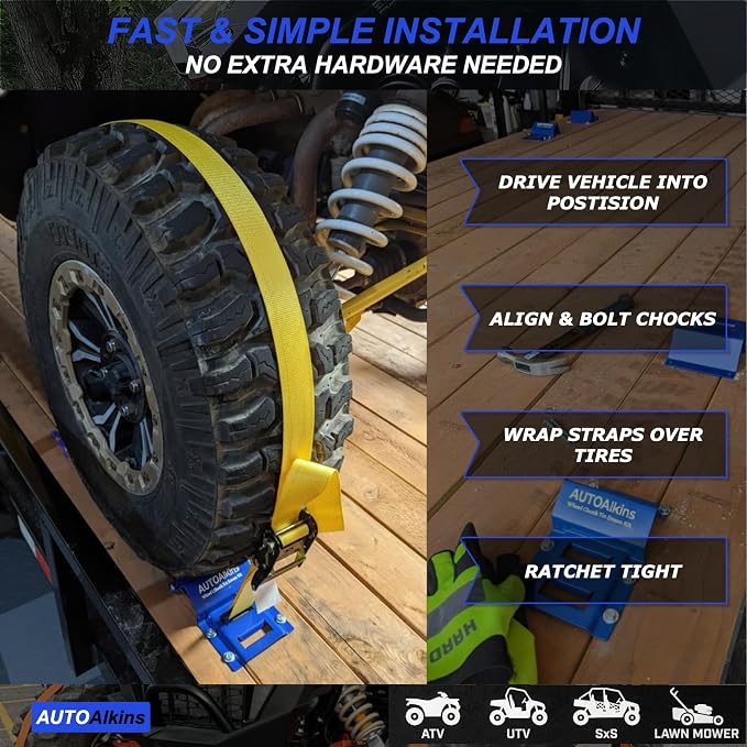 Wheel Chock Tie Down Kit, 4,400lb Break Strength — 4 Heavy Duty E-Track Tire Ratchet Straps & 8 Steel Wheel Chocks, Complete Trailer Tie Down System for ATV, UTV, Lawn Mower & SxS (Blue)