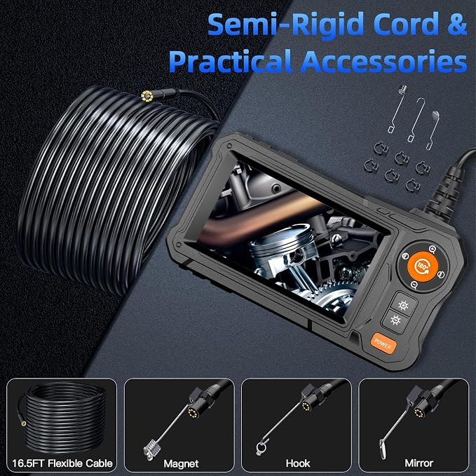 Endoscope Camera with Light - 4.3" LCD Screen Inspection Cameras,IP67 Waterproof Borescope with 8 Adjustable LED Lights,HD 1080P Endoscope Camera 16.5ft Semi-Rigid Cord,gifts for men tools and gadgets
