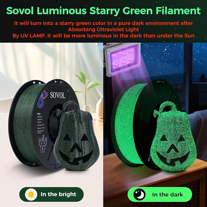 Sovol 3D Printer Luminous Filament, Glow in The Dark PLA 1kg (2.2 lbs) Spool 3D Printing Materials, Dimensional Accuracy +/- 0.03 mm, 1.75 mm, Shiny Green