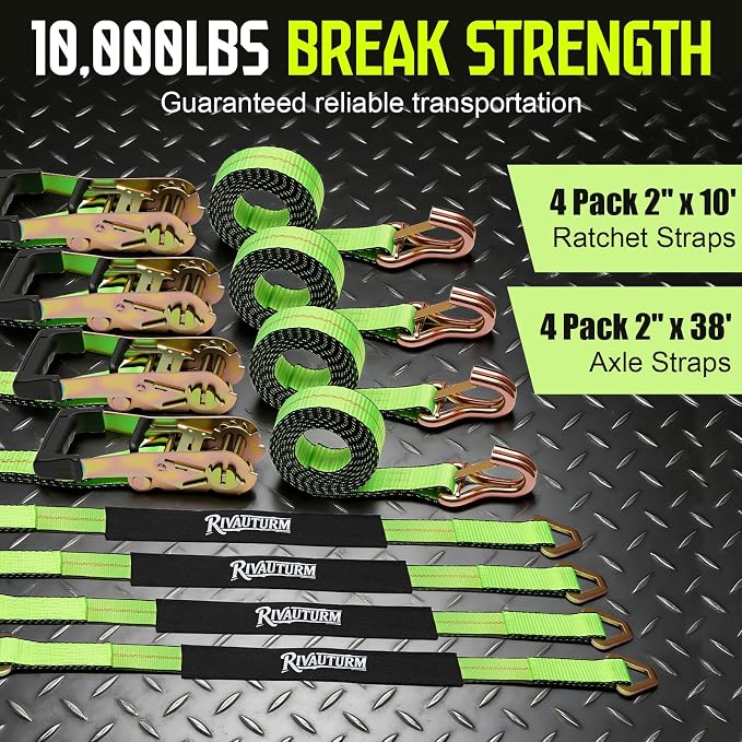 4-Pack 10,000lbs Break Strength Ratchet Straps Heavy Duty, 2 Inch x 10 Feet Tie Down Straps with J-Hooks & Clips & 2" x 38"Axle Straps for Car Trailer Truck, UTV, Motorcycle, Cargo & More - Green
