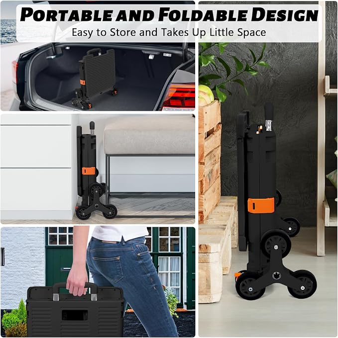Foldable Utility Cart Collapsible Crate Rolling Carts with Stair Climbing Wheels Rolling Tote Basket Teacher Cart with Lid Wear-Resistant 360°Rotate Wheel Noiseless for Moving Office-Black
