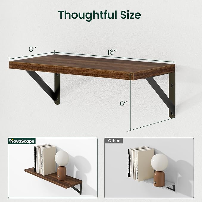 Floating Shelves 8 Inch Deep, 16W x 8D Wall Shelf Set of 2, 35 lbs Heavy Duty Reversible Metal Brackets, Industrial Book Shelf for Living Room Kitchen Bathroom Bedroom Gallery Wall, Walnut