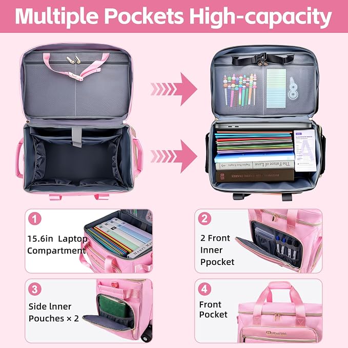 Rolling Teacher Bag with Detachable Cart - 1680D Waterproof Oxford Rolling Cart for Teachers, Large Capacity Tote with Wheels Fits 15.6" Laptop & Tablet(PINK)
