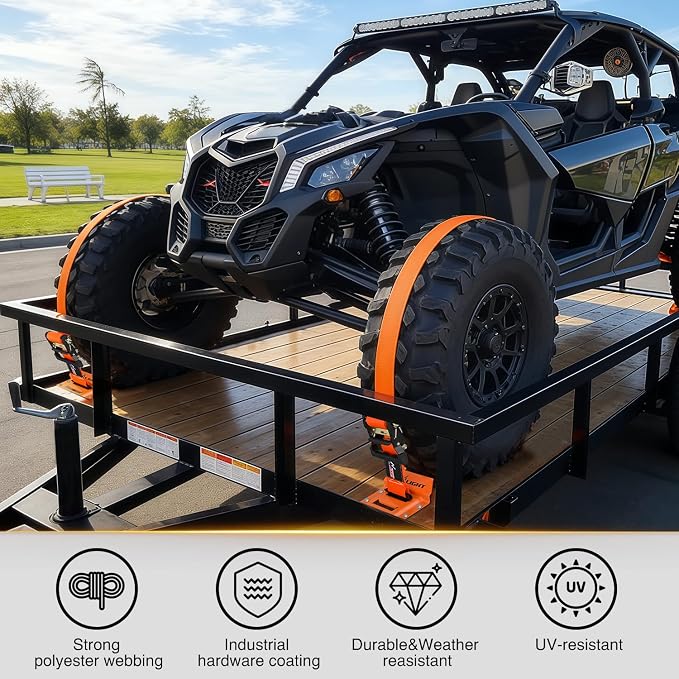 Nilight Wheel Chock Tie Down Kit 4500lb Break Strength 4Pcs E-Track Ratchet Straps 8 Pcs Heavy Duty Trailer Tire Straps System for ATV, UTV, Lawn Mower,SXS 10 in-30 in Diameter Tires Orange