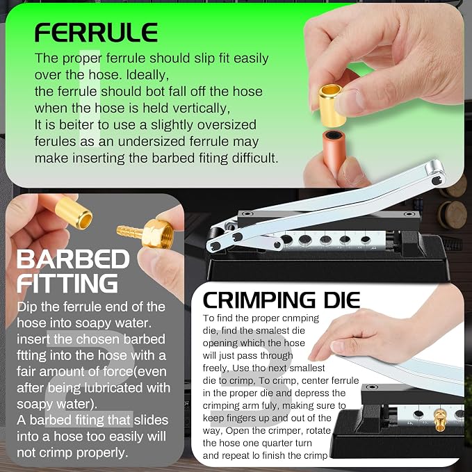 Heavy Duty Standard Hose Crimper, Hose Crimping Tool, with Ferrules (50PK) 0.593 Inch ID x 1 Inch & 0.656 Inch ID x 1 Inch for 1/4, 5/16, 3/8 Inch PVC and rubber hoses, Air Hose Crimping Tool