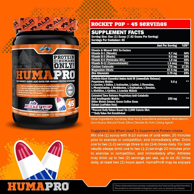 ALR Industries HumaPro Essential Amino Acid Formula | EAA Protein Supplement | Supports Muscle Recovery & Performance | Vegan, Gluten Free | | 45 Servings (Rocket Pop)