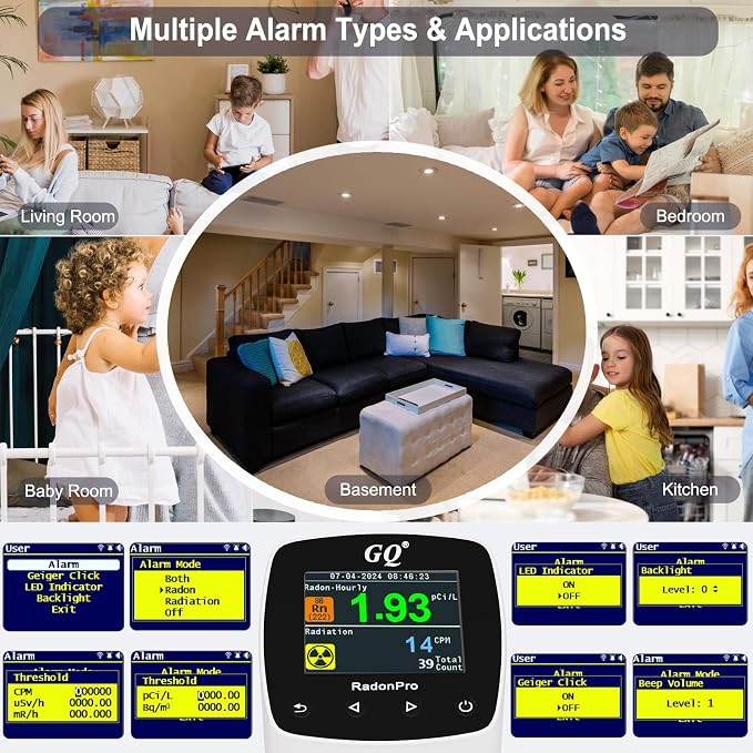 GQ Radon Detector New Version V2.0 Radon Pro 2-in-1 Radon Monitor Nuclear Radiation Detector Geiger Counter simultaneously Detection Fast Accurate Color Simple Display Made in USA
