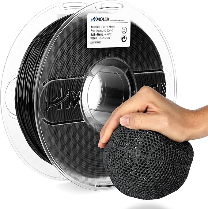AMOLEN 95A TPU 3D Printer Filament 1.75mm, High Hardness & Resilience TPU Basic Black Filament, 1KG Flexible 3D Filament, Dimensional Accuracy +/- 0.02mm, Suitable for Most FDM 3D Printers