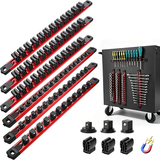 Reniteco 6-Piece Magnetic Socket Organizer and Magnetic Screwdriver Organizer Set, 1/4" 3/8" 1/2" Drive Aluminum Rail & 3-Piece Wrench Screwdriver Holder, Interchangeable Clips, Sockets Not Included