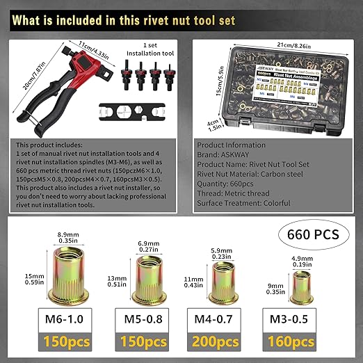 ASKWAY Rivet Nut Tool Kit, 660PCS Metric Rivet Nut Combination (M6/M5/M4/M3), Suitable for Furniture, Decoration, Automotive, Marine and Industrial Applications