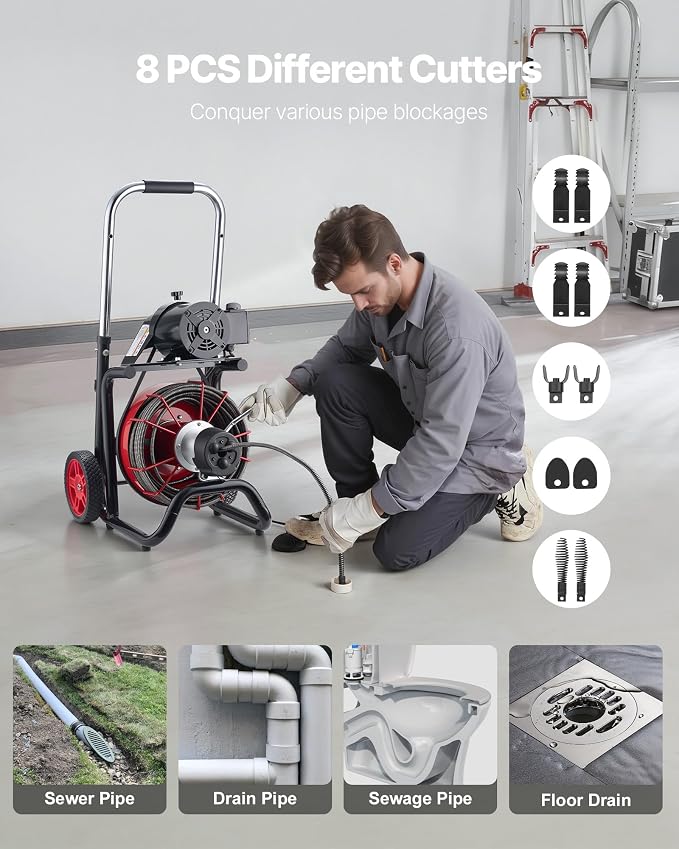 VEVOR Drain Cleaner Machine 100 FT x 1/2 Inch, Auto Feed Sewer Snake Auger on Wheels - with 8 Cutters & Air-Activated Foot Switch for 2" to 6" Pipes