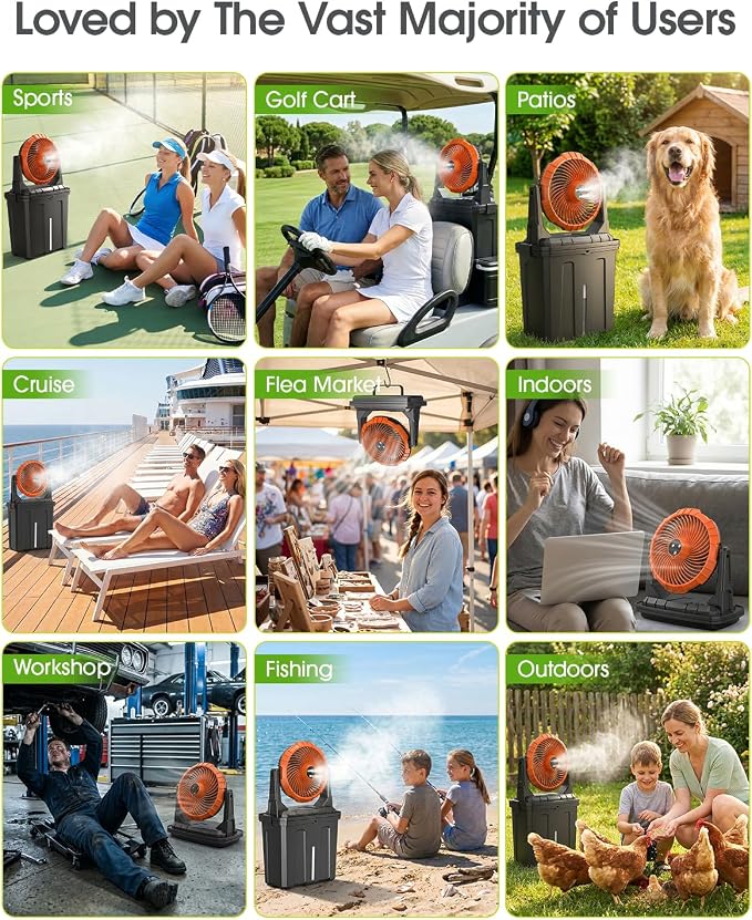Ausic 2026 Upgraded 10″ 9L Oscillating Portable Misting Fan With Light, [Max 55Hrs] Golf Cart Mister Fan for Outside Patios, Outdoor Rechargeable Battery Operated Water Cool Fan-3 Spray Misters