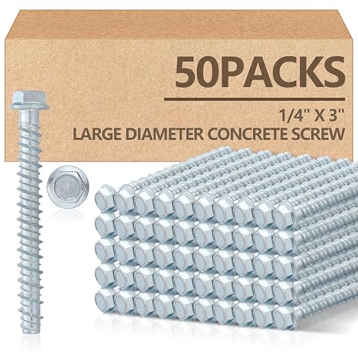 Tandefio 50 Pack 1/4" x 3" Concrete Screw Anchor Galvanized Large Diameter Heavy Duty Plated Concrete Anchors for Masonry Brick Anchoring Block Decking Framing Hex Drive