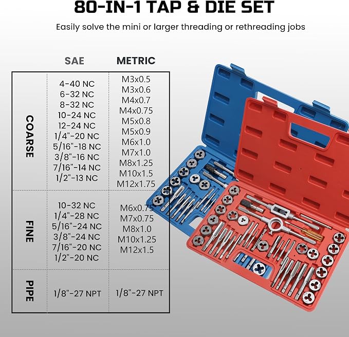 Anfrere 40pcs SAE Tap and Die Set, SAE Standard Rethreading Tool Kit, Coarse and Fine Threads for Cutting External and Internal Threads, Essential Repair Tool Kit with Thread Wrench
