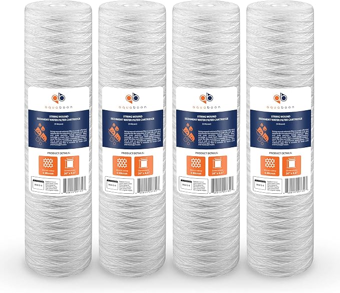 Aquaboon 5 Micron 20 x 4.5 Whole House String Wound Water Filter Replacement Cartridge for Well Water Filtration Compatible with WP5BB20P, 4-Pack