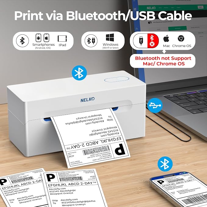 Nelko Bluetooth Thermal Shipping Label Printer, Wireless 4x6 Shipping Label Printer for Small Business, Support Android, iPhone and Windows, Widely Used for Amazon, Shopify, Etsy(White)