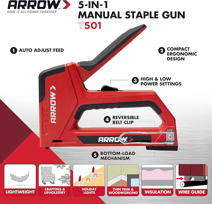 Arrow T501 5-in-1 Manual Staple and Nail Gun, Wire Stapler, and Brad Nailer for Wood, Upholstery, Construction, Insulation, Crafts, Fencing, and Cable, Black/Red