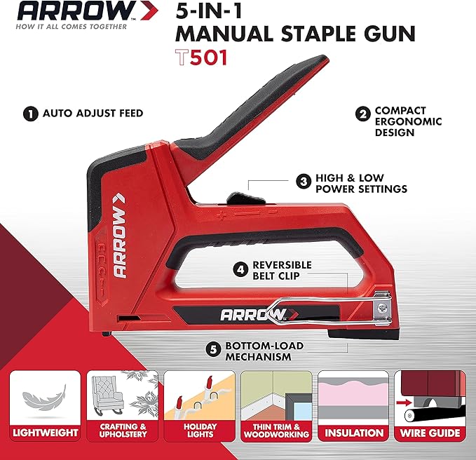 Arrow T501 5-in-1 Manual Staple & Nail Gun, Wire Stapler, and Brad Nailer for Wood, Upholstery, Construction, Insulation, Crafts, Fencing, and Cable, Black/Red (Pack of 4)