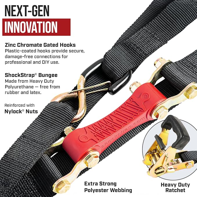 SHOCKSTRAP Ratchet Strap, 7’ x 1.5" Shock Absorbing Heavy Duty Tie Downs for Cargo, 1,000 LB WLL / 3,000 LB Break Strength, 2-Pack