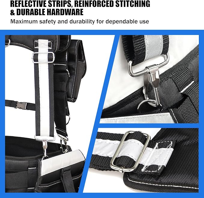 Tool Belt with Suspenders for Men, Heavy Duty Construction Tool Belt with 32 Pockets, 1680D Material, Reflective Strips for Safety, HVAC Toolbelt for Men