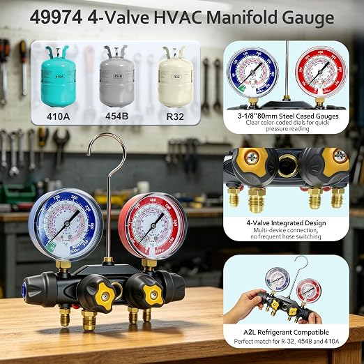 49974 A2L 4-Valve Test and Charging Manifold, 3-1/8" (80mm) | Refrigerant Manifold Gauges, Compatible with R-32/R454B/R410A, HVAC Manifold Gauge, Hoses Not Included