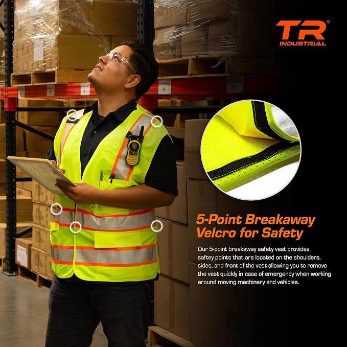 TR Industrial 5-Point Breakaway High Visibility Safety Vest, Type R Class 2