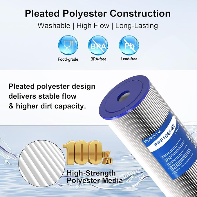 4-Pack 10" x 4.5" Pleated Sediment Water Filter Cartridge 20 Micron High Flow Whole House Water Filter Replacement for Well Water, Compatible with Culligan R50-BBSA, GE FXHSC, ECP5-10B, R30-BB